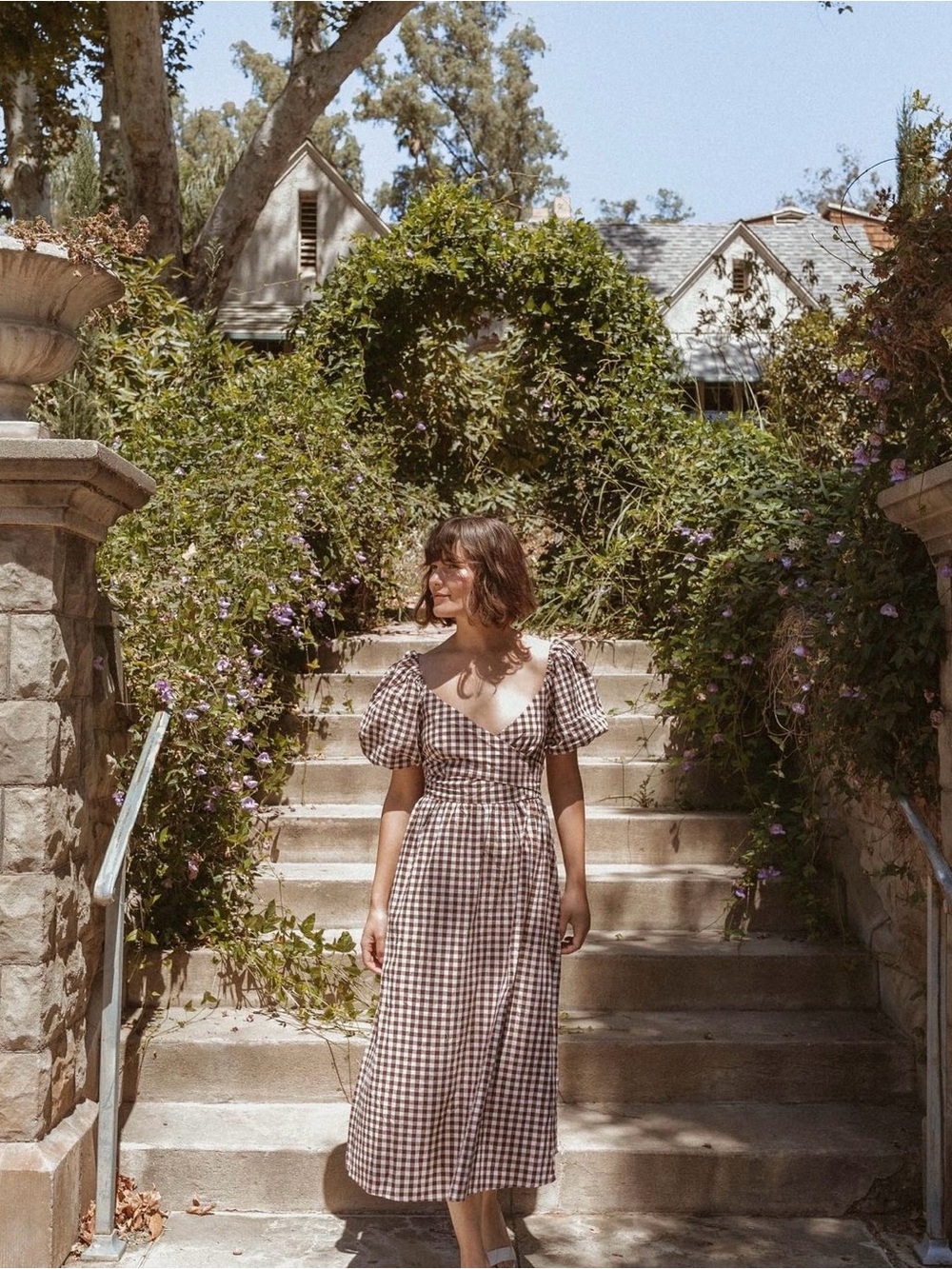 Gingham Puff-Sleeve Midi Dress in Brown
